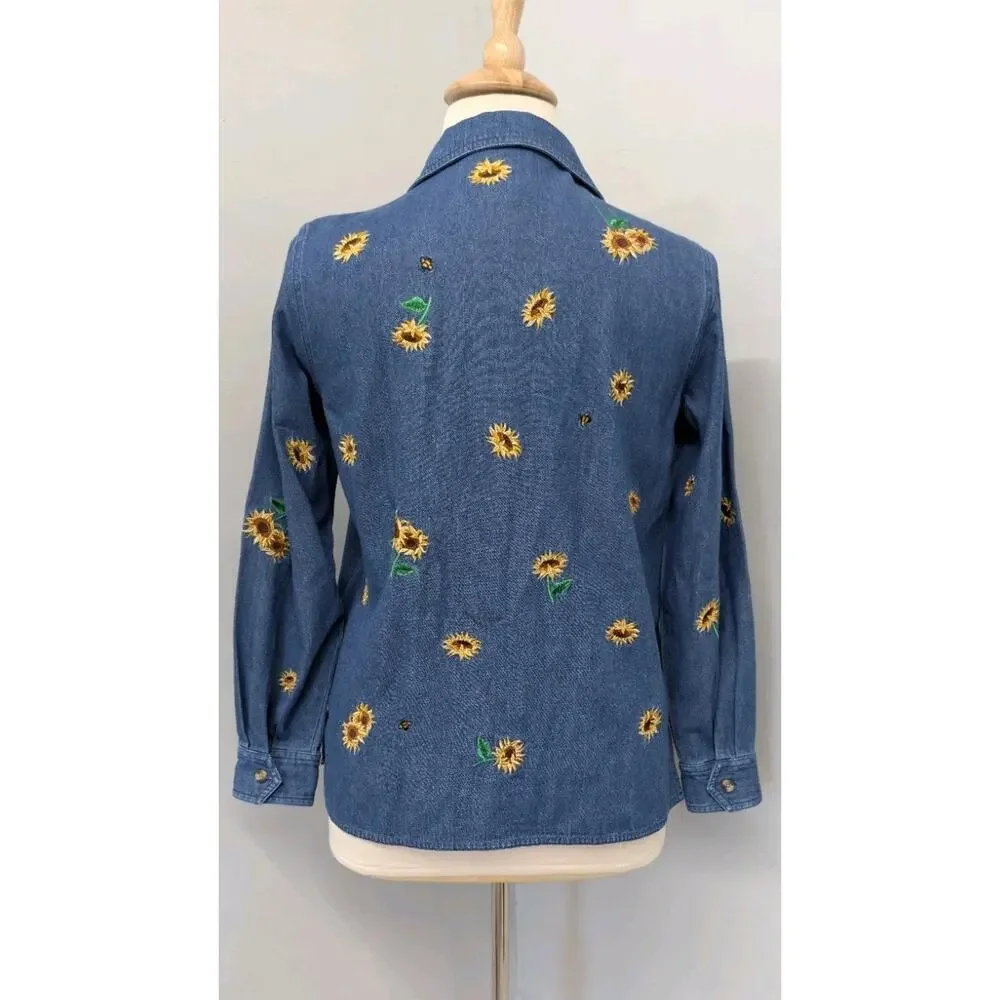 Quaker Factory Denim Jacket Embroidered Sunflowers And Bees Medium - Picture 5 of 12